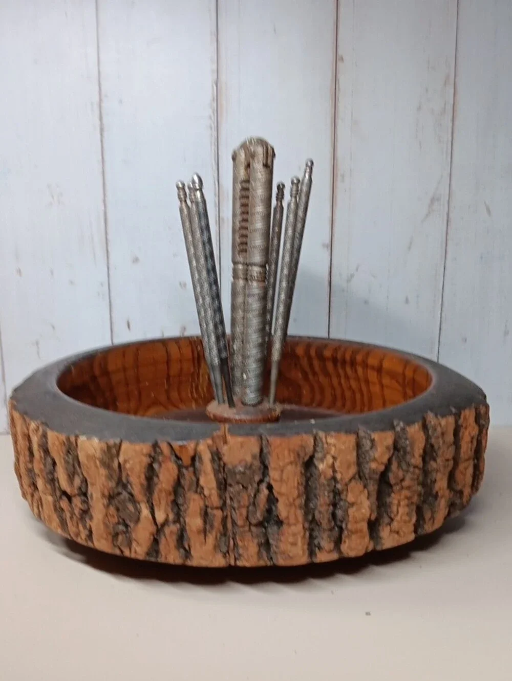 Rustic Bark Wooden Nut Bowl with Metal Pick Set For Entertaining